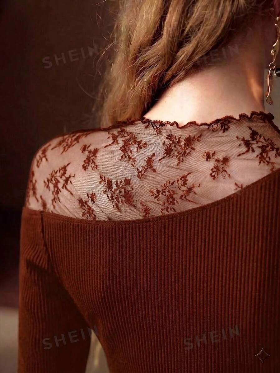 MOTF PREMIUM LACE MESH PATCHWORK RIBBED KNIT T-SHIRT - Brown - View 2