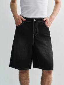 Sonviro Unisex American Hip Hop Style Wide Leg Denim Shorts With Pockets - Black - View 1