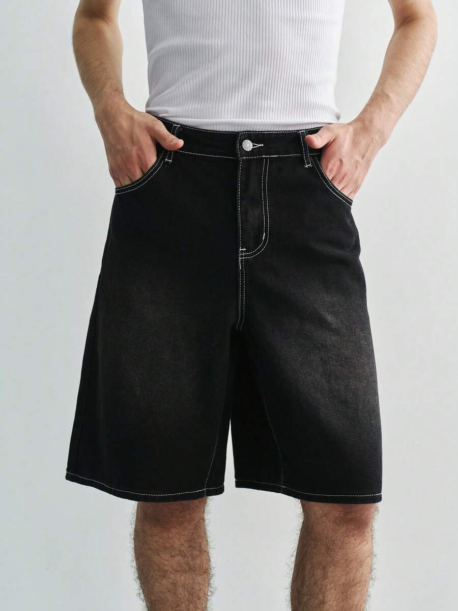 Sonviro Unisex American Hip Hop Style Wide Leg Denim Shorts With Pockets - Black - View 1