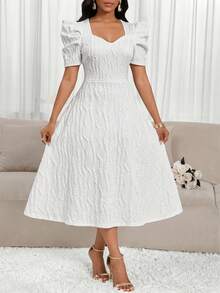 SHEIN Lady Vestido elegante de mujer con escote corazón texturizado y mangas cortas abullonadas - Blanco - Ver 3