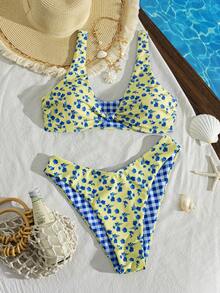 Swim Mod Women's Sexy Summer Vacation Beach Floral Colorful Plaid Reversible Low Cut Twist Front Swimwear Set - Multicolor - View 2