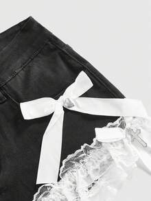 ROMWE Grunge Punk Summer Beach Graduation Easter Concert Nashville Vacation Sexy Low Waist Cross Pendant Lace Bow Cute Dark Street Style Blue Black Mini Women's Denim Shorts - Black - View 3