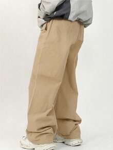 SHEIN Pantalones cargo básicos casuales de unicolor para adolescentes/jóvenes con detalles decorativos, versátiles y combinables - Caqui - Ver 2