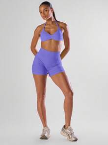 Musera Sport 純色抓皺胸部露背掛脖運動內衣，舒適運動健身房跑步跑團、板式網球、網球、匹克球、瑜伽、皮拉提斯、健身日常休閒 - 紫色 - 查看 3