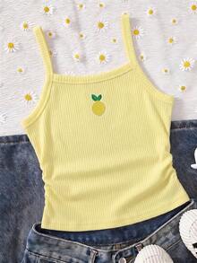 SHEIN 女孩款清新溫柔風細肩帶背心，飾有檸檬刺繡貼布，活潑俏皮，適合夏季居家、購物、下午茶等休閒日常場景，亦適用於夏季出遊與輕社交聚會，穿出初夏微風般的溫柔甜美感 - 黃色 - 查看 5
