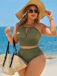 Swim Lushoire Plus Size Solid Color Spaghetti Strap Halter Neck Bikini Set Set - Green - View 4