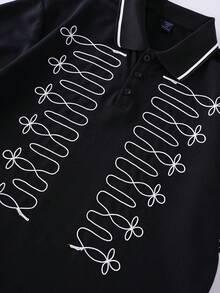 ROMWE MEN Street Life 男士哥德宮廷風直筒開襟刺繡 Polo 衫 - 黑色 - 查看 8