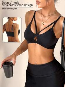 SHEIN Sujetador deportivo con espalda cruzada, absorción de impactos y elevación efectivas, sujetador de fitness para correr y yoga, pieza única - Negro - Ver 1