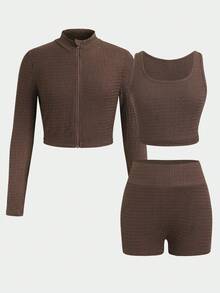 SHEIN Tween女孩休閒日常百搭舒適純色夾克背心短褲套裝運動服 - 咖啡棕 - 查看 6