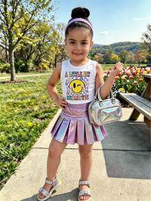 SHEIN Elladie kids 女童口號卡通笑臉背心與百褶裙套裝，周歲生日夏季款 - 紫色 - 查看 8