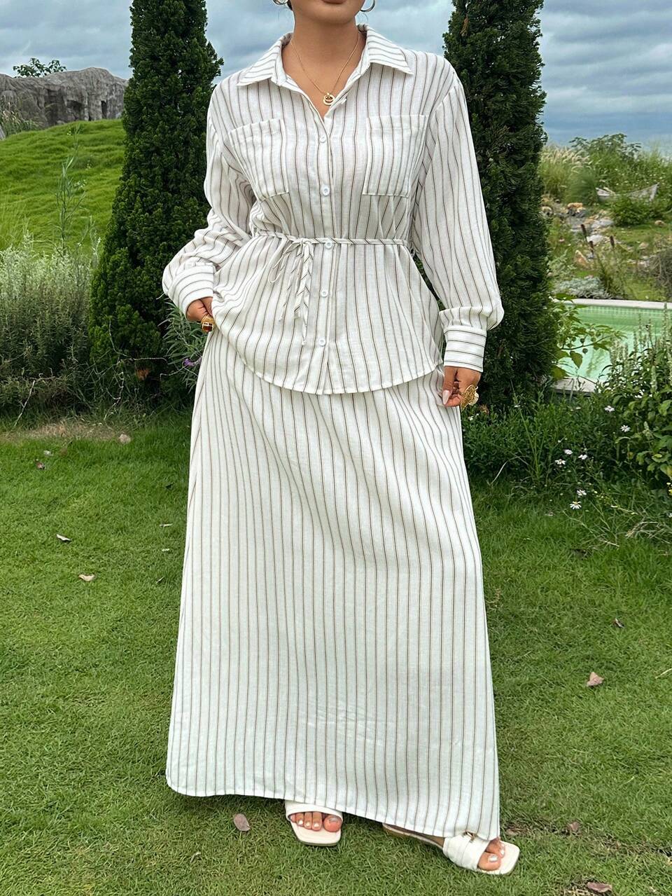 Dazy Plus Plus Size Women's Long Loose Casual Shirt And Skirt 2-Piece Set, Fashionable Striped, Spring/Summer/Early Autumn