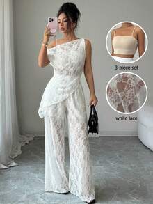SHEIN Elenzya Women's Elegant Lace Daily Versatile Outfit Set Night Out White Beige Summer - White - View 1