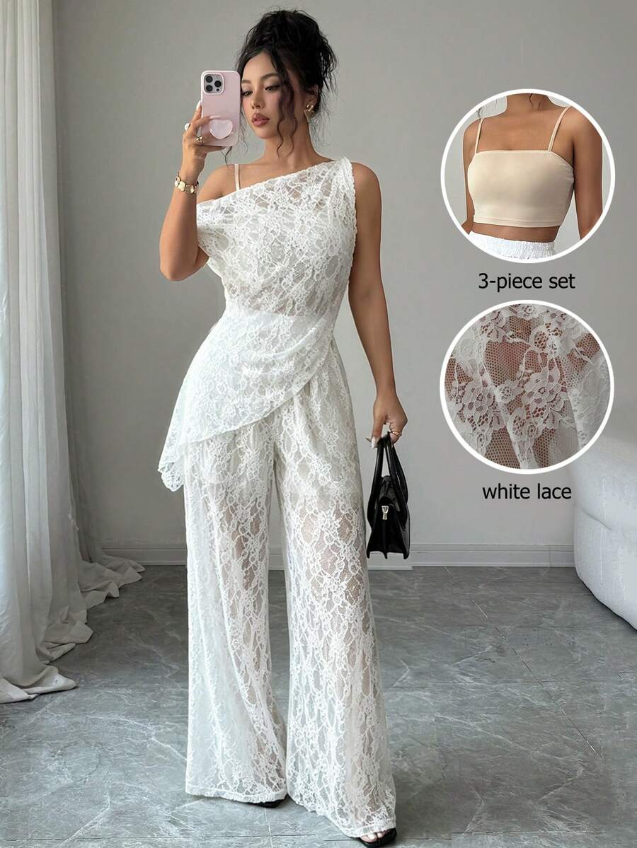 SHEIN Elenzya Women's Elegant Lace Daily Versatile Outfit Set Night Out White Beige Summer - White - View 1