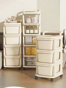 1件奶油色塑料抽屜收納櫃附輪子，適合存放零食、玩具、化妝品及各種其他物品，居家收納好幫手 - 彩色 - 查看 2
