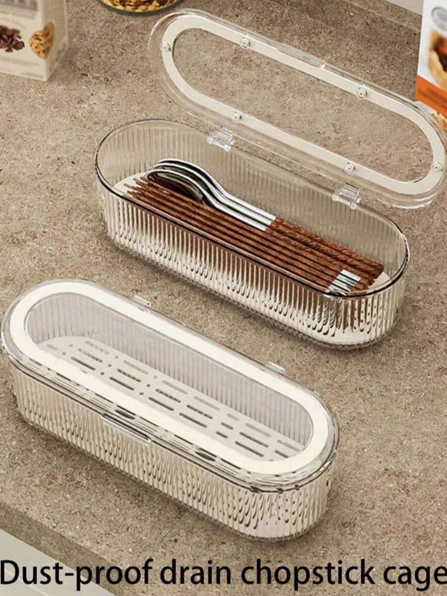 1 buah Kotak Penyimpanan Peralatan Makan Mewah, Organizer Plastik untuk Pisau, Garpu, Sendok & Sumpit, Tahan Debu & Tahan Air untuk Dapur - Clear - View 1