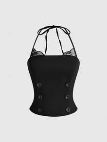 ROMWE Summer Hot Girl Lace Patchwork Big Button Design Halter Top & Ultra Low Waist Skirt Women 2pcs Set - Black - View 7