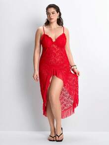 Slumbrini Camisón de encaje transparente y fruncido con abertura, conjunto de lencería sexy con tirantes finos para tallas grandes - Rojo - Ver 7
