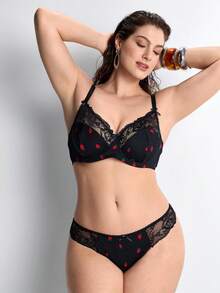 Slumbrini 1 Conjunto de lencería para mujer de talla grande con estampado de fresa sólido, adorno de lazo y encaje, cómodo - Negro - Ver 5