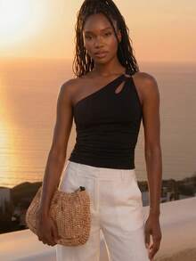 CAJUNI Women's Solid Color One-Shoulder Metal Decor Ruched Fitted Versatile Daily Casual Sexy Top Night Out Club Black Summer - Black - View 5