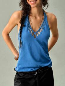 SHEIN Top de cuello halter de unicolor casual y versátil para uso diario de mujer - azul real - Ver 6
