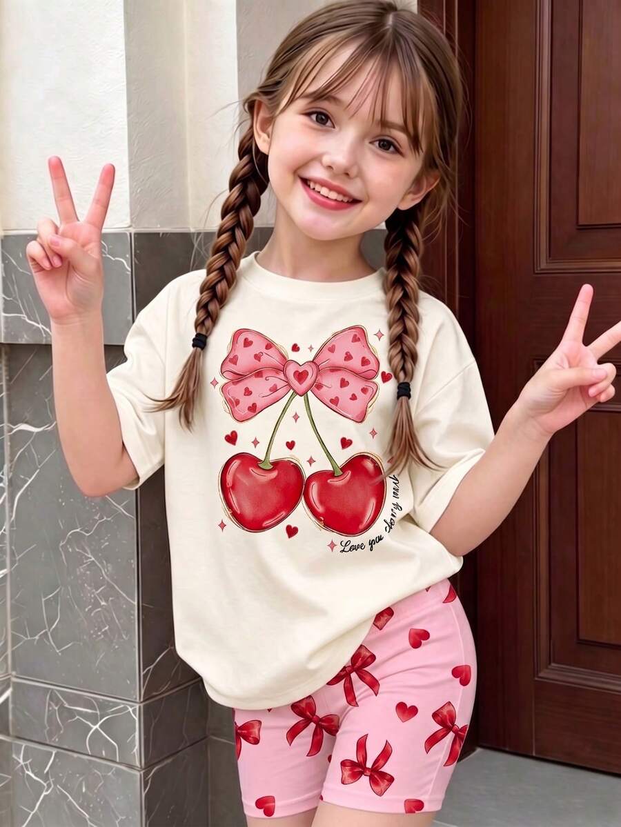 2件/組 女童幼兒夏季新款櫻桃蝴蝶結印花圓領柔軟面料短袖T恤彈性腰粉色蝴蝶結印花短褲簡約百搭時尚套裝 - 彩色 - 查看 1