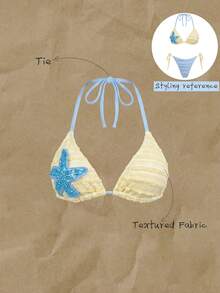 Elavelle Sweet Yellow Ruffle Bikini Top With Shiny Starfish Applique, Halter Neck Swimwear, Suitable For Pool Party - Yellow - View 6