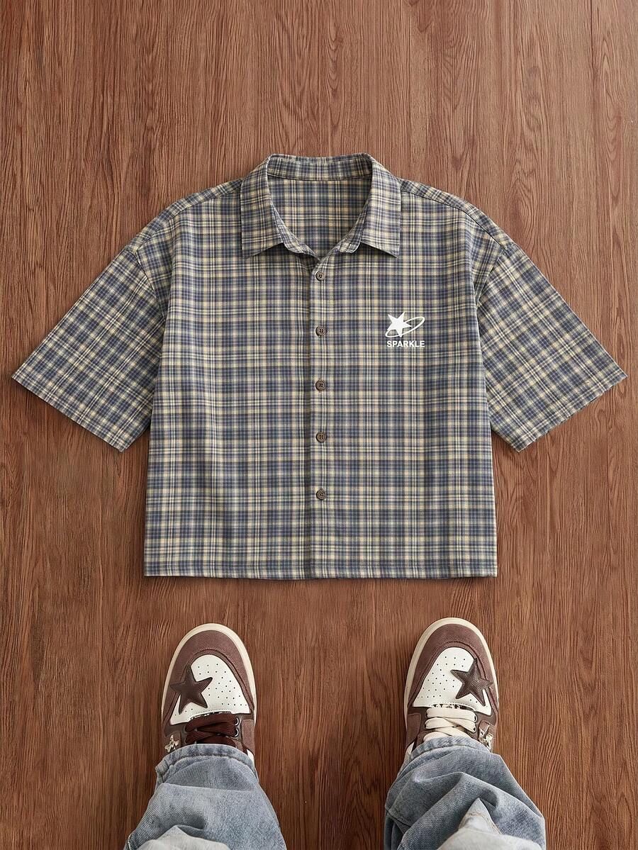 SWAVVY 男士格紋刺繡單排扣短袖時尚百搭襯衫 - 藍色 - 查看 1