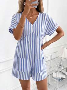 SHEIN Clasi 女款條紋時尚V領口袋休閒連身褲 - 藍白色 - 查看 3