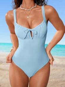 Shapewave Traje de baño de una pieza de unicolor para mujer para vacaciones y playa - Celeste - Ver 5
