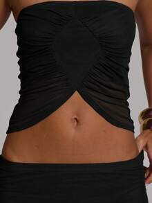 MUSERA Conjunto de Top Bandeau Fruncido de Malla con Falda Maxi de Cintura Baja, Estilo Sexy Casual Elegante para Verano, Vacaciones, Playa, Club, Festival e Ibiza, Color Obsidiana - Negro - Ver 6