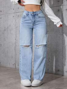 SHEIN PETITE Quần Jeans Ống Thẳng Thường Ngày - màu đen - Xem 5