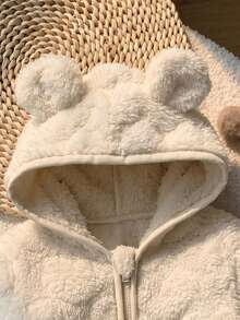 SHEIN Babygirl Cute Casual Fluffy Versatile Solid Color Heart Pattern Hooded Autumn Winter Jacket - Apricot - View 5