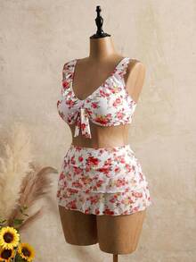 Bellisia 2026 Summer New Women's Plus Size Sweet Cute Ditsy Floral Bikini 3-Piece Set With Ruffle Hem Skirt, Vacation Swimwear - Multicolor - View 5