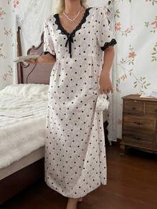 CottageSlumber Women's Standard Size Romantic Polka Dot Print Short Sleeve Nightgown, Lace Patchwork Design, Bow Tie Design, Comfortable Homewear - Apricot - View 7