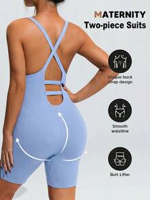 SHEIN Umstandsmode einfarbiger figurbetonter Camisole Sport-Romper - Blau - Übersicht 2