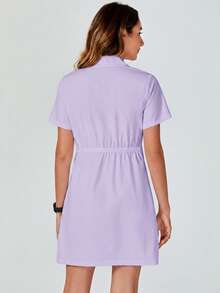 TaskEZ Solid Color Short Sleeve Single-Breasted Pocket Lab Coat - Purple - View 2