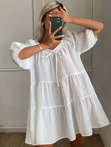 DAZY Camisón de mujer de unicolor holgado con lazo delantero, pijama de verano - Blanco - Ver 1