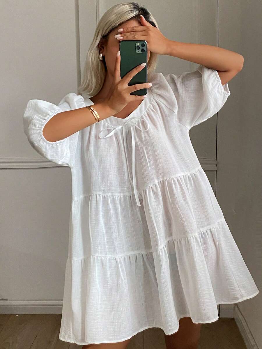 DAZY Camisón de mujer de unicolor holgado con lazo delantero, pijama de verano - Blanco - Ver 1