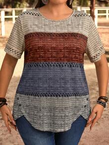 EMERY ROSE Plus Size Women's Round Neck Colorblock Casual Versatile Daily Wear T-Shirt - Multicolor - View 6