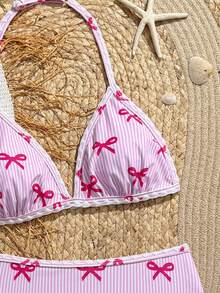 SHEIN 青少年女孩新款特殊面料素色米色比基尼套裝 極簡風泳衣 海灘度假穿搭 - 彩色 - 查看 3
