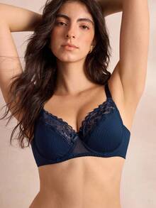Charlaine Women's Solid Color Bow Decor Contrast Lace Underwire Bra - Navy Blue - View 2