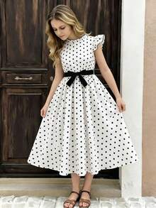 SHEIN Girls' Print Patterned Flutter Sleeve Waist-Defining Dress - White - View 5