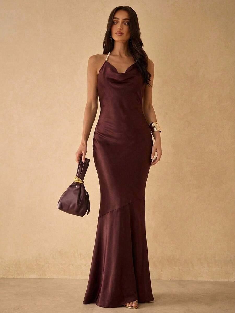Silquee Spring Summer Autumn Winter Solid Burgundy Satin Spaghetti Strap Beaded Cowl Neck Waist-Defining Straight Fit Backless Elegant Party Nights - Rust Brown - View 1