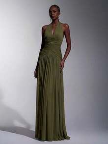 Elitara Elegant, , Fashionable Elastic Mesh Halter Neck Ruched Decor A-Line Dress, Party Wedding Guest Orange Color, And Graceful Bridesmaid - Army Green - View 5