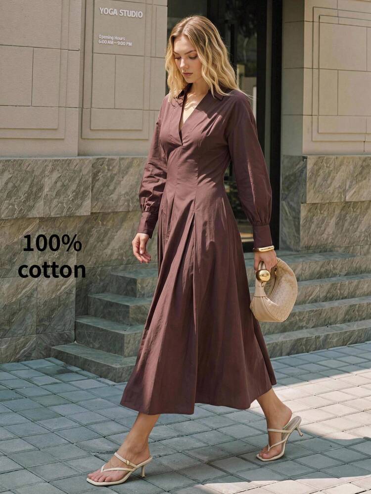 BizChic Coffee Brown Dress Shirt With Collared Neck, Cinched Waist And Pleats, Elegant Sexy French Vintage Business Casual Commute Date Vacation Halloween Back To School Party Birthday Office Slimming Elegant Versatile Summer