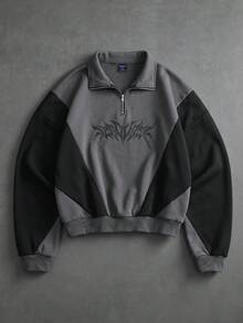 ROMWE MEN Street Life 男士休閒街頭日常通勤字母印花撞色半拉鍊立領運動衫，秋季款 - 彩色 - 查看 3