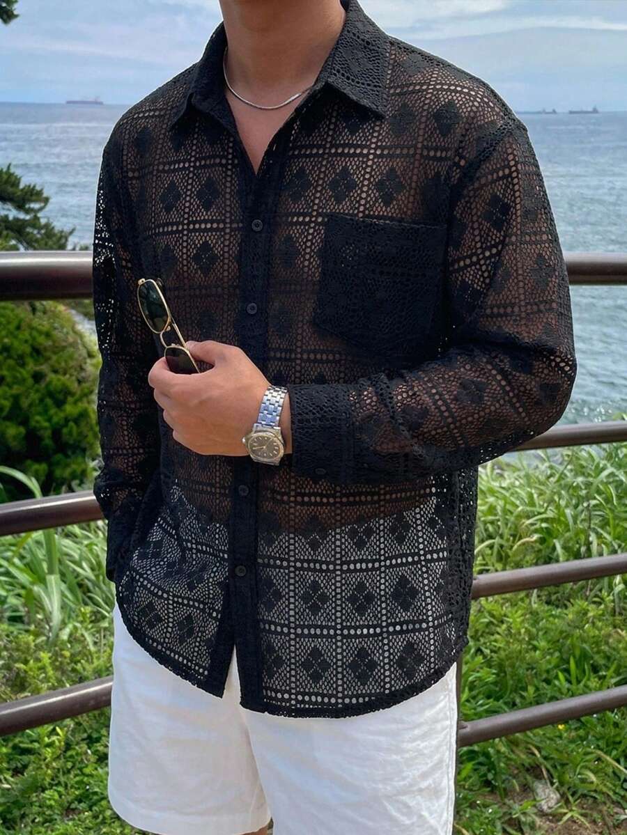 DAZY Spring/Summer Embroidered Mesh Pattern Long Sleeve Men's Shirt - Black - View 1