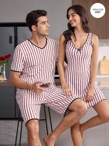 CoupledUp V-Neck Casual Striped Print Pullover Short-Sleeved Shorts Men's Pajama Set - Multicolor - View 1