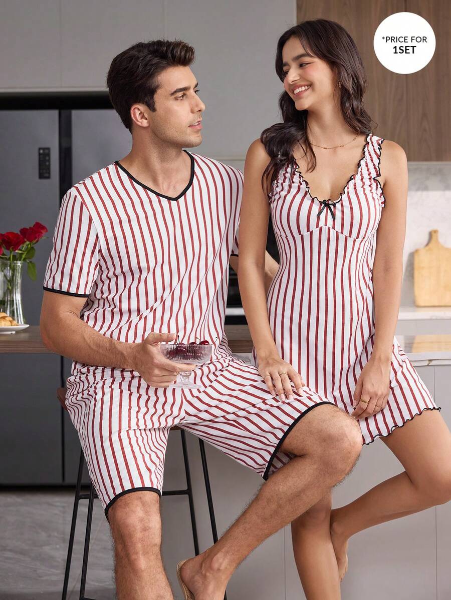 CoupledUp V-Neck Casual Striped Print Pullover Short-Sleeved Shorts Men's Pajama Set - Multicolor - View 1