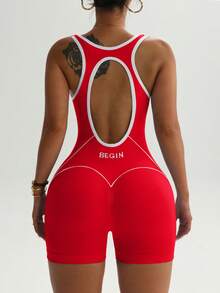 Slayform Slayform Women's Plus Size Letter Print Contrast Color Casual Daily Gym Travel Sports Romper Red Summer - Red - View 5